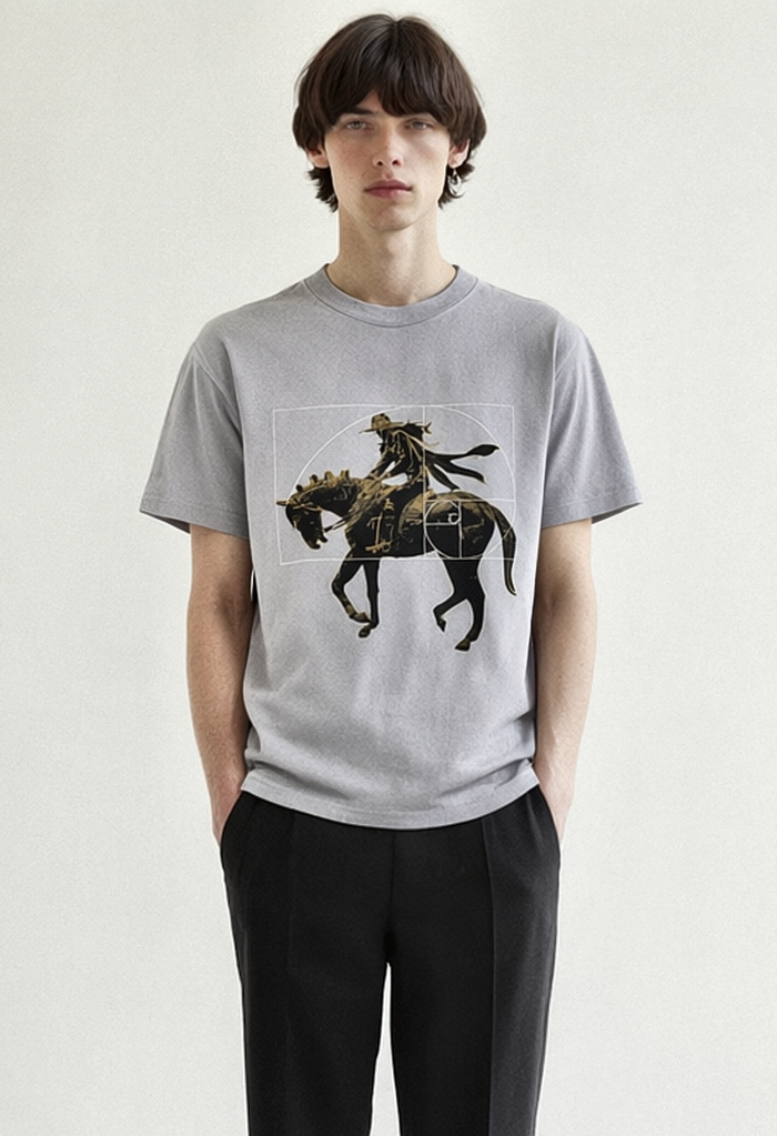 REWORKED 006 GOLDEN SPIN heavy tee, light grey, worn by model
