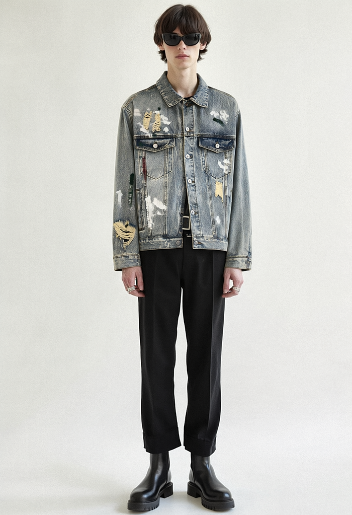 REWORKED 005 MOONLIGHT distressed denim jacket worn by model, front