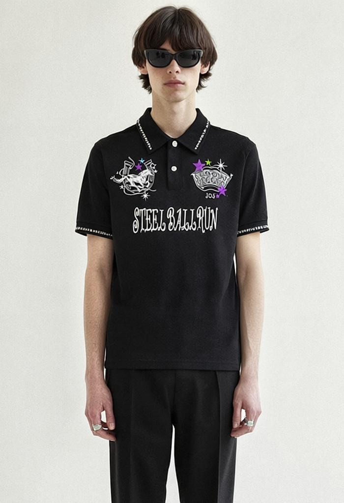 REWORKED 007 SPIN embroidered pique polo worn by model, front
