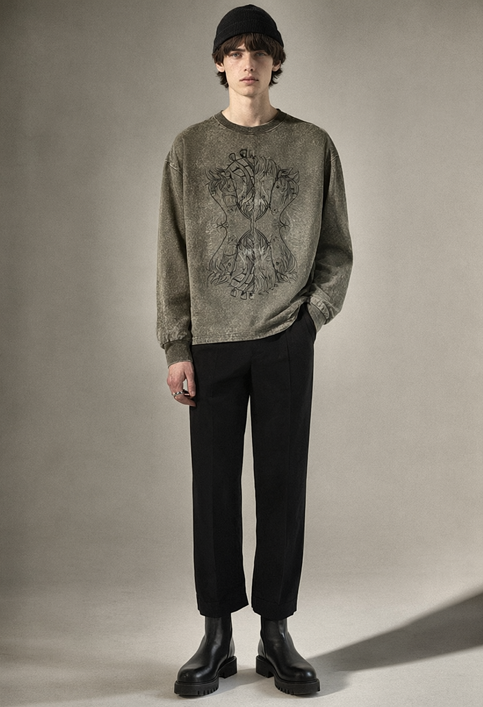 REWORKED 008 THE RUN vintage long sleeve worn by model, front