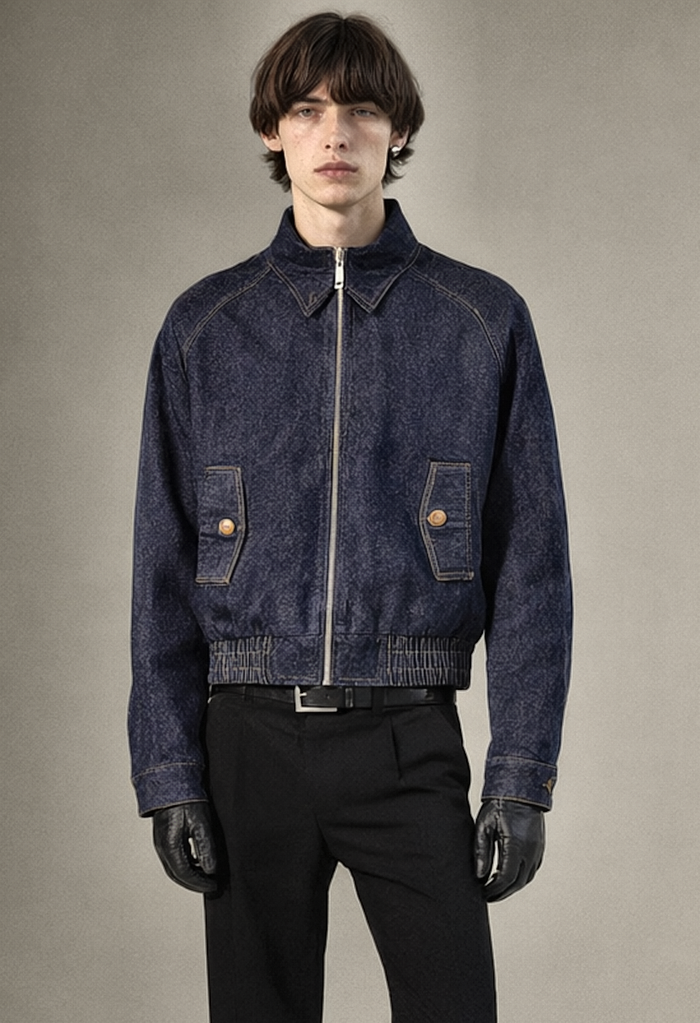 REWORKED 004 GREATSWORD boxy denim jacket worn by model, front