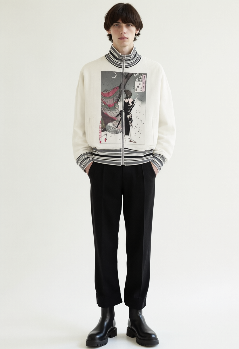 REWORKED 001 DETONATOR cropped bomber jacket worn by model, front