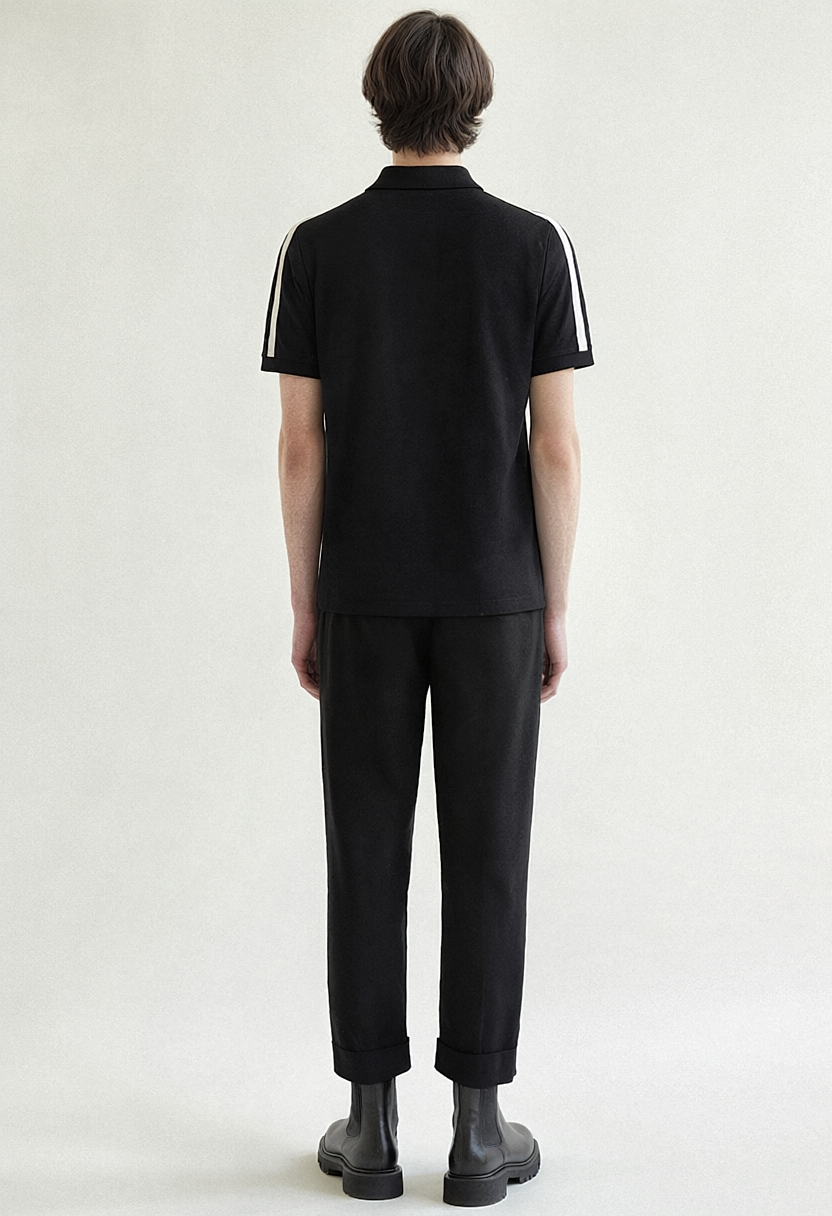 REWORKED 007 SPIN embroidered pique polo worn by model, back