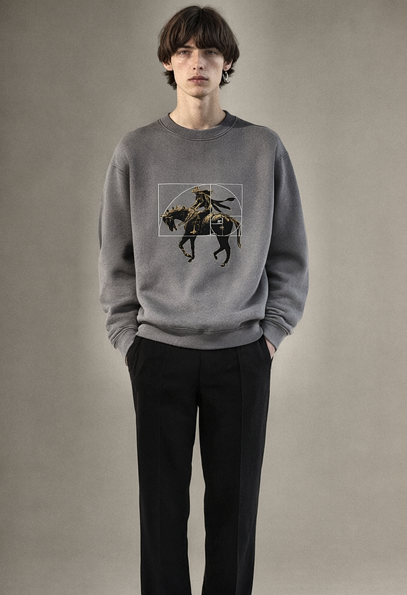 REWORKED 006 GOLDEN SPIN crewneck, dark grey, worn by model