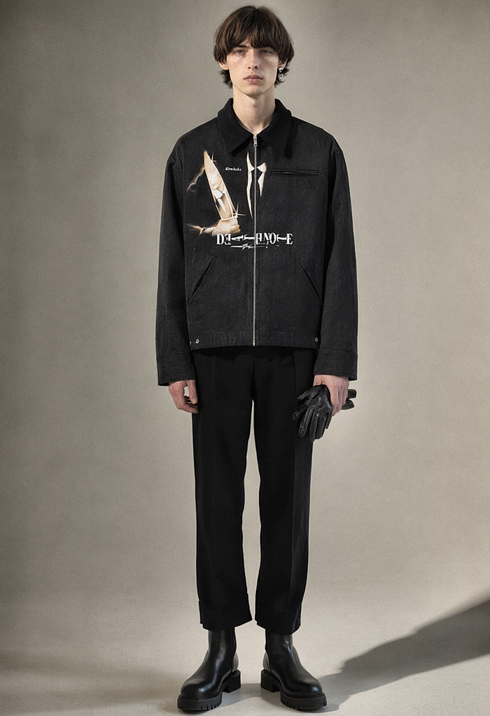 REWORKED 002 SHINIGAMI canvas work jacket worn by model, front