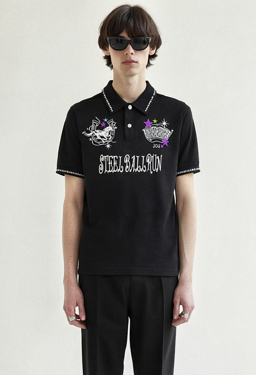 REWORKED 007 SPIN embroidered pique polo worn by model, front