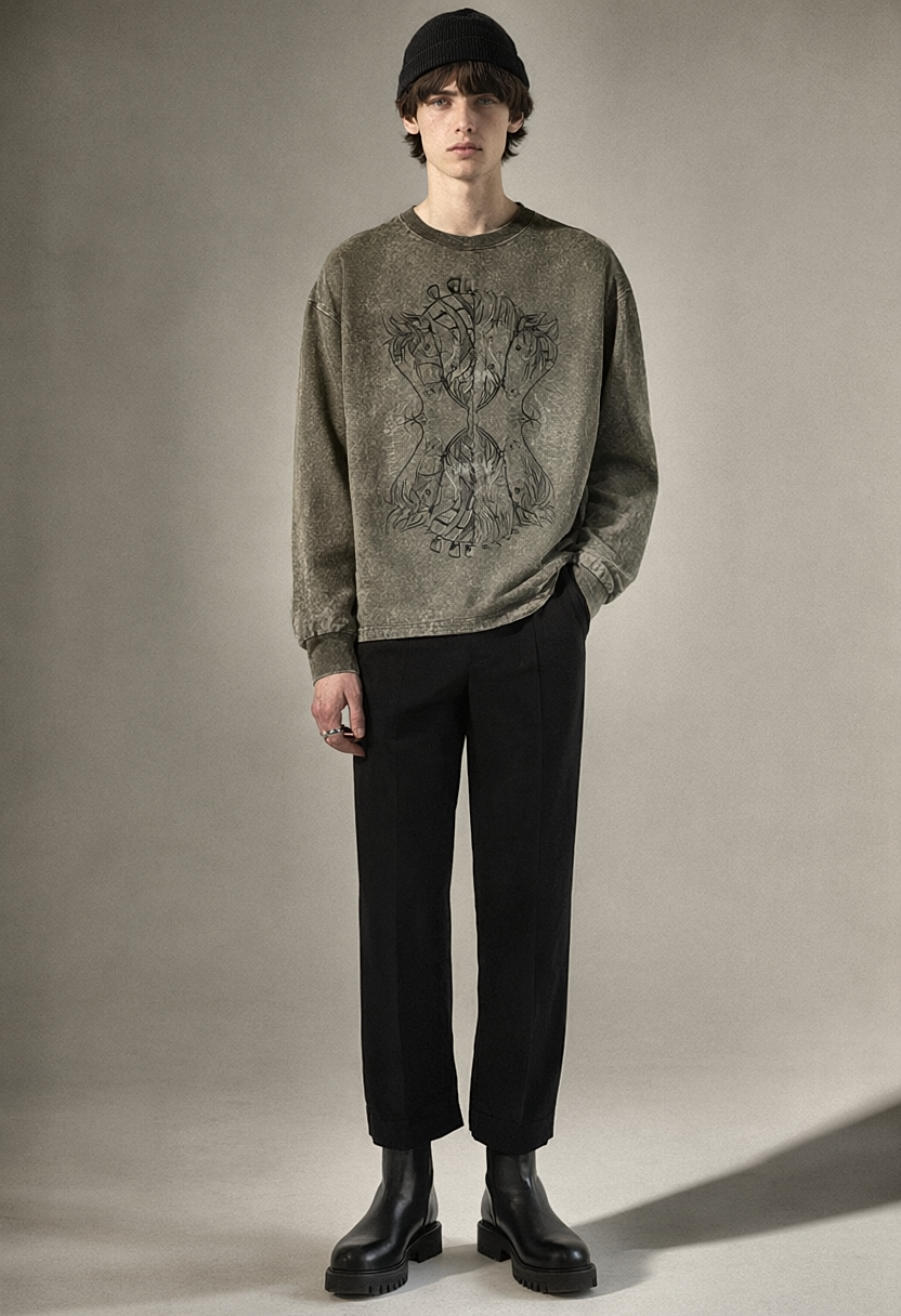 REWORKED 008 THE RUN vintage long sleeve worn by model, front